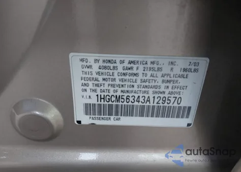 2003 Honda Accord 2.4 Lx из США, поврежденный, VIN 1HGCM56343A129570